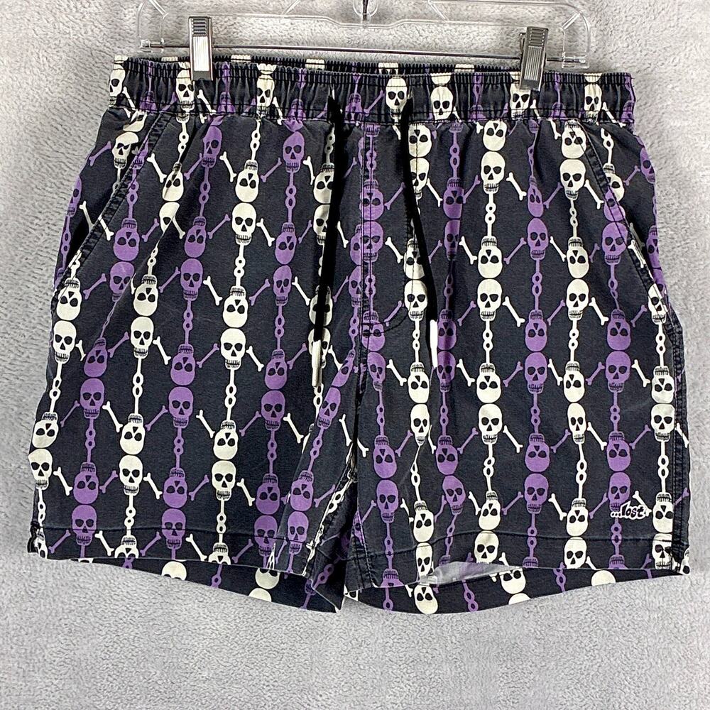 Lost Enterprises Board Shorts Mens M Black Purple Skull Beach Surf Skate Y2K